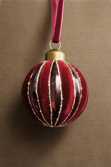 STRIPED VELVET BAUBLE CHRISTMAS TREE DECORATION - Red by Zara