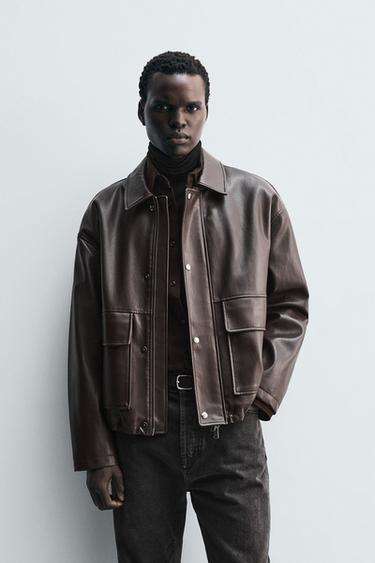 RELAXED FIT FAUX LEATHER JACKET - Dark brown by Zara