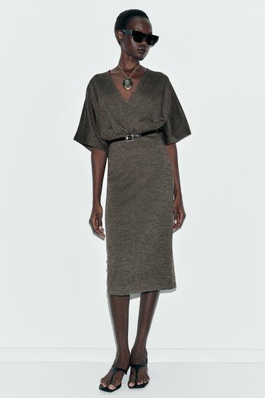 MIDI PIQUÉ DRESS WITH BELT - Dark green by Zara