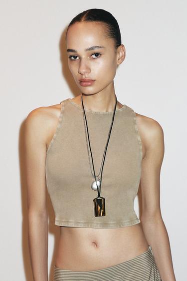 OPEN-BACK RIB T-SHIRT - Light khaki by Zara