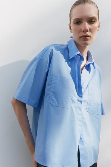 ZW COLLECTION CROP POPLIN SHIRT - Mid-blue by Zara