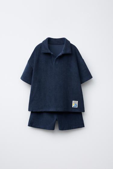 LABEL TERRY TOWELLING POLO SHIRT AND BERMUDA SHORTS SET - Navy blue by Zara