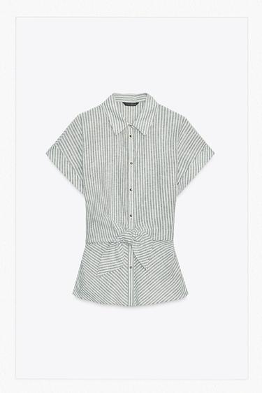 STRIPED KNOTTED LINEN BLEND SHIRT - Green / Ecru by Zara