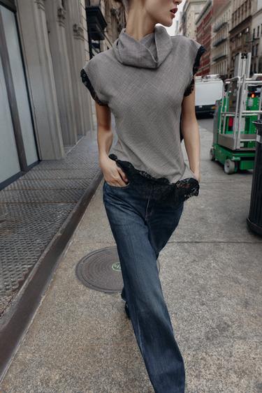 HOUNDSTOOTH LACE TOP - Black / Ecru by Zara