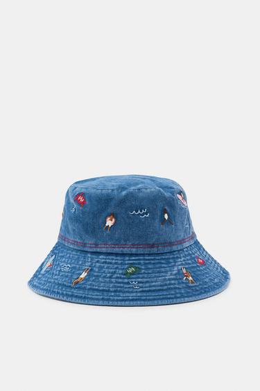 EMBROIDERED BUCKET HAT - Blue by Zara