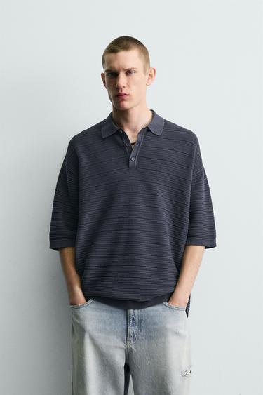 WASHED TEXTURED RELAXED FIT KNIT POLO SHIRT - Navy blue by Zara