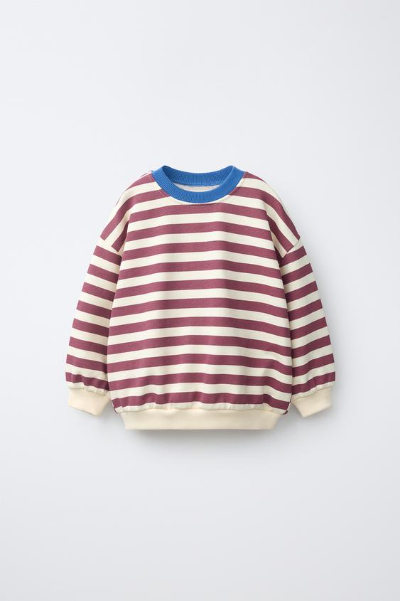 STRIPED SWEATSHIRT - Ecru / Maroon by Zara - Image 0