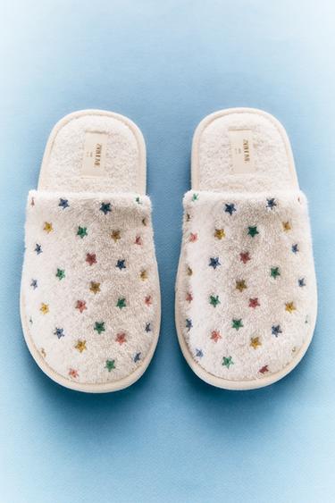 STAR PRINT TERRY MULE BATHROOM SLIPPERS - White by Zara