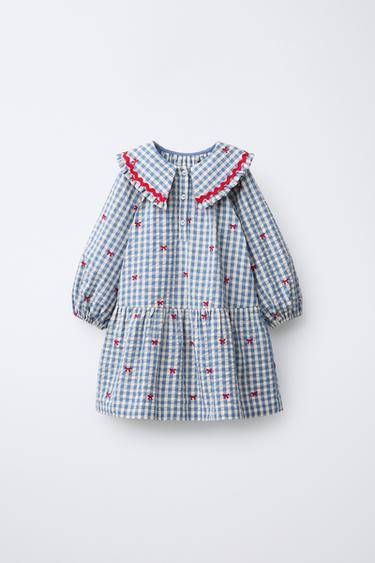CHECKED DRESS WITH EMBROIDERED BOWS - Blue by Zara