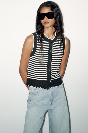 STRIPED KNIT WAISTCOAT TOP - Navy / White by Zara