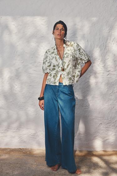 PRINTED TOP WITH CUTWORK EMBROIDERY - ecru/khaki by Zara