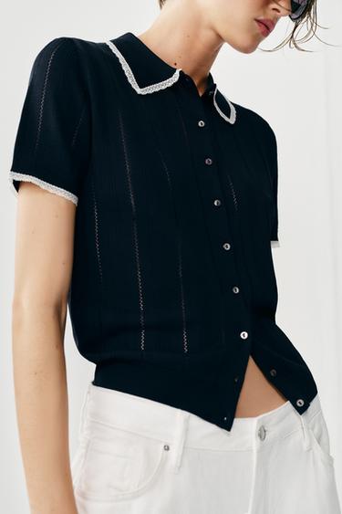 SHORT-SLEEVE LACE-TRIM POLO CARDIGAN - Navy blue by Zara