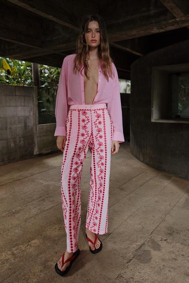TROUSERS WITH CUTWORK EMBROIDERY - Pink by Zara