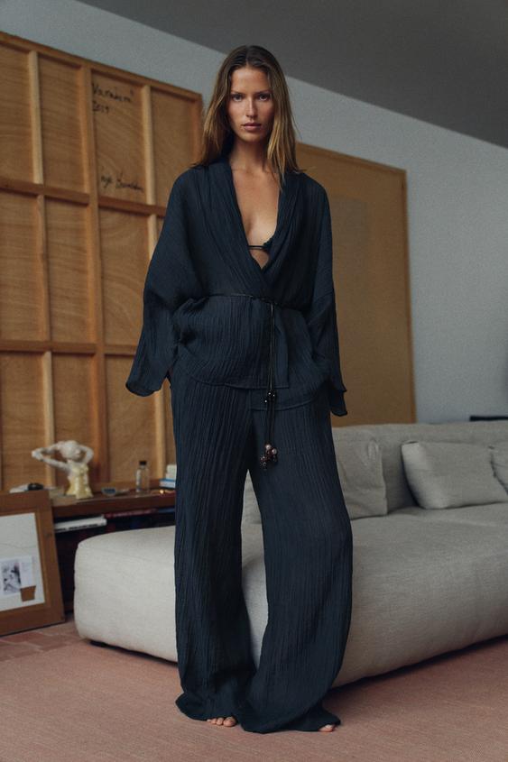 SEMI-SHEER CRINKLED-EFFECT TROUSERS - Navy blue by Zara - Image 0
