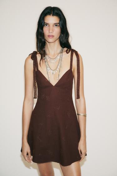 SHORT EMBROIDERED DRESS - Brown by Zara