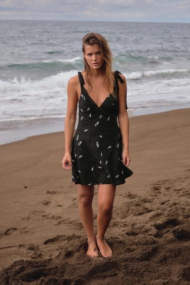 EMBROIDERED FLORAL SHORT DRESS - Black / White by Zara - Image 0