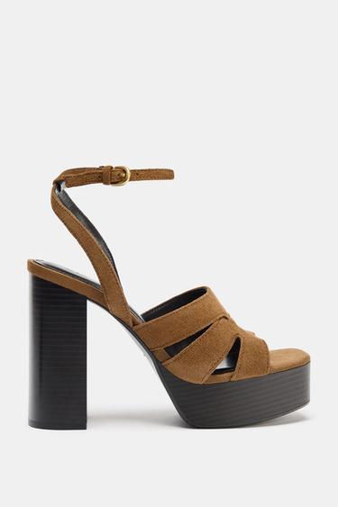 PLATFORM SPLIT SUEDE SANDALS - Brown by Zara