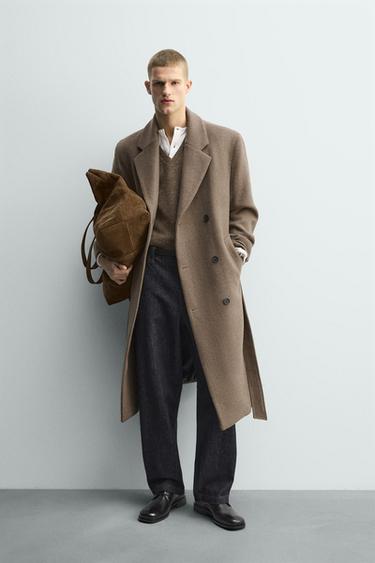 DOUBLE-BREASTED WOOL BLEND COAT WITH BELT - Mink by Zara