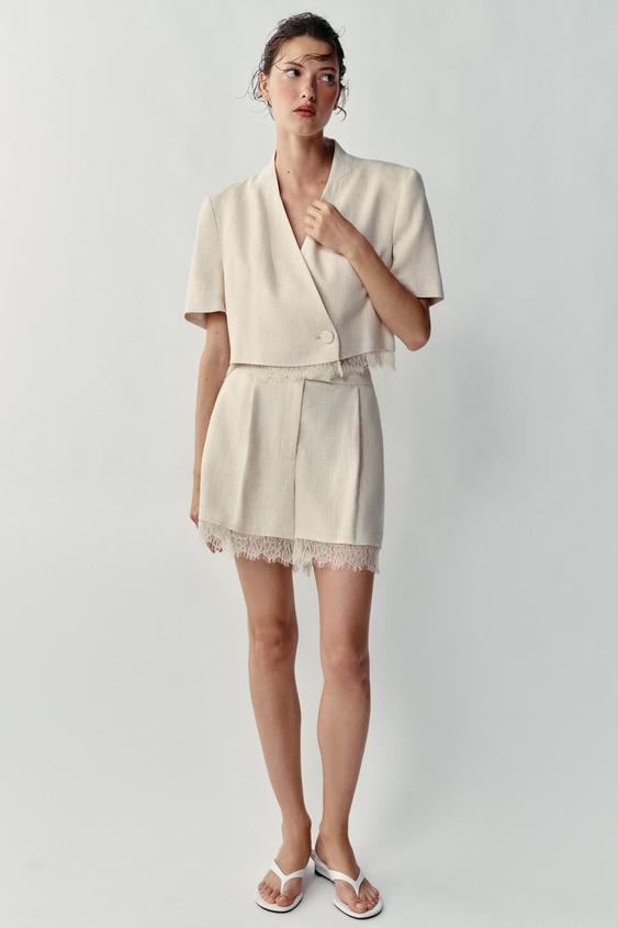 LACE-TRIMMED CROPPED BLAZER - Light beige by Zara - Image 0
