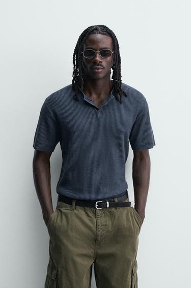 WASHED KNIT HENLEY T-SHIRT - Indigo by Zara
