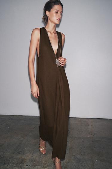 ZW COLLECTION LINEN BLEND MIDI DRESS - Chocolate by Zara