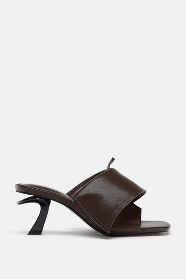 LEATHER KITTEN-HEEL SANDALS - Brown by Zara