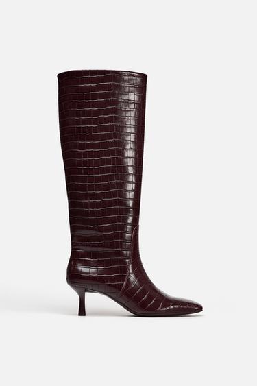 TEXTURED KITTEN HEEL BOOTS - Burgundy Red by Zara