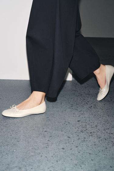 SOFT LEATHER BALLERINA SHOES WITH BOW - Ecru White by Zara
