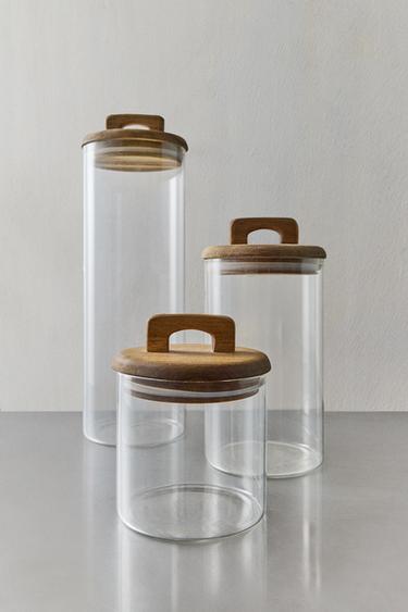 BOROSILICATE GLASS AND WOOD STORAGE JAR - Light beige by Zara