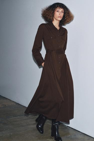 ZW COLLECTION BELTED SHIRT DRESS - Brown by Zara