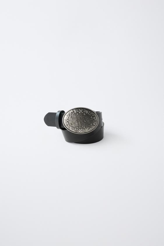 100% LEATHER OVAL BUCKLE BELT - Black by Zara - Image 0