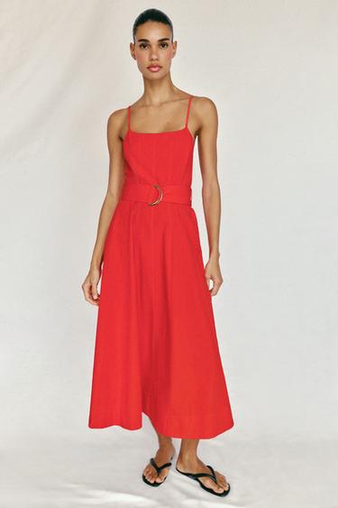 POPLIN MIDI DRESS WITH BELT - Red by Zara