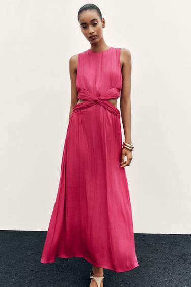 CUT-OUT SATIN MIDI DRESS - Fuchsia by Zara