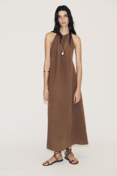 FLOWING OPEN BACK HALTERNECK DRESS - Dark brown by Zara