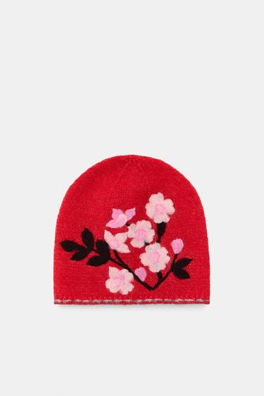 CONTRAST FLORAL BEANIE - Red by Zara