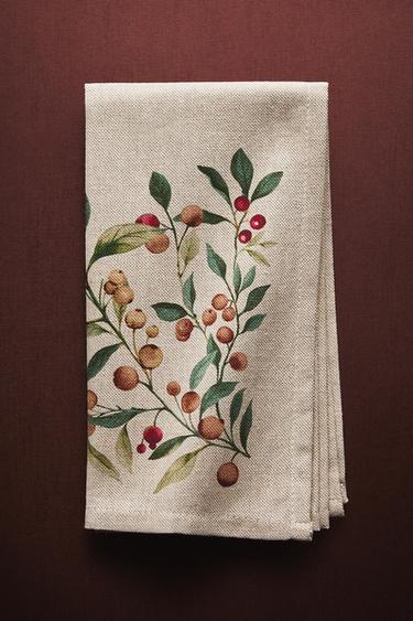 SET OF COTTON CHRISTMAS BRANCH NAPKINS (SET OF 2) - Ecru by Zara