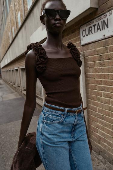 KNIT TOP WITH FLORAL STRAPS - Brown by Zara