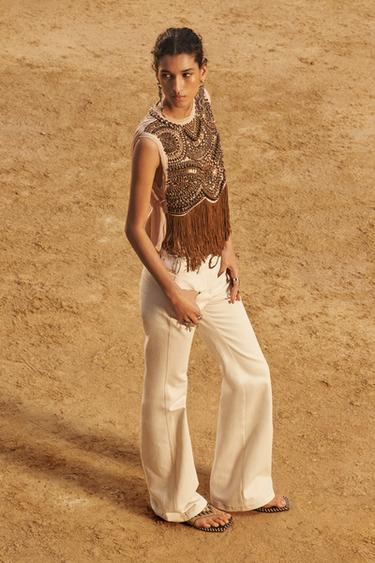LIMITED EDITION EMBROIDERED FRINGE TOP - camel by Zara - Image 0