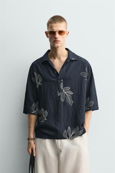 EMBROIDERED LEAF POLO SHIRT - Blue/White by Zara
