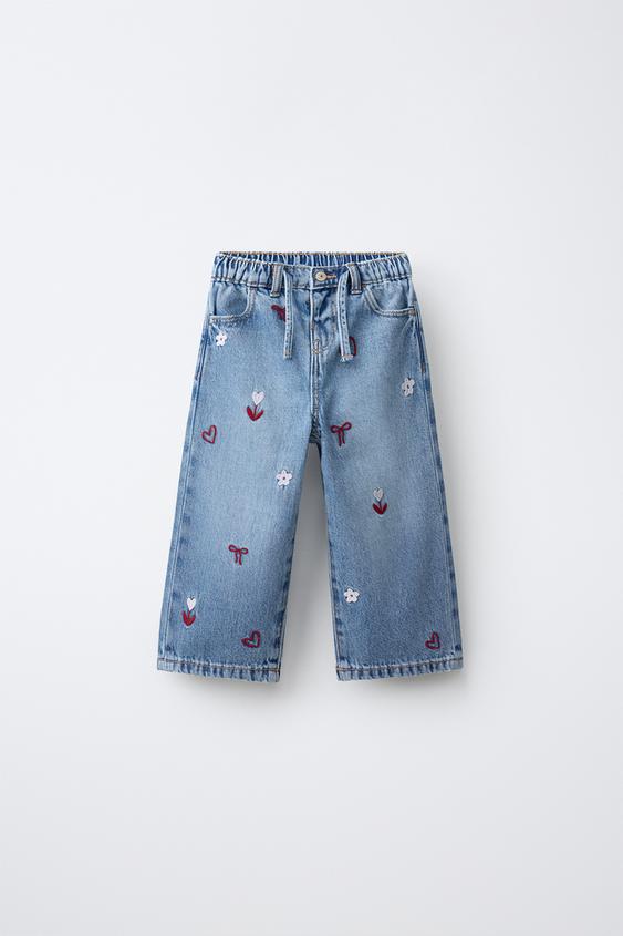 EMBROIDERED FLUID WIDE-LEG JEANS - Light blue by Zara - Image 0