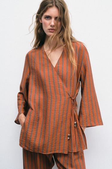 STRIPED WRAP JACKET - Burnt orange by Zara