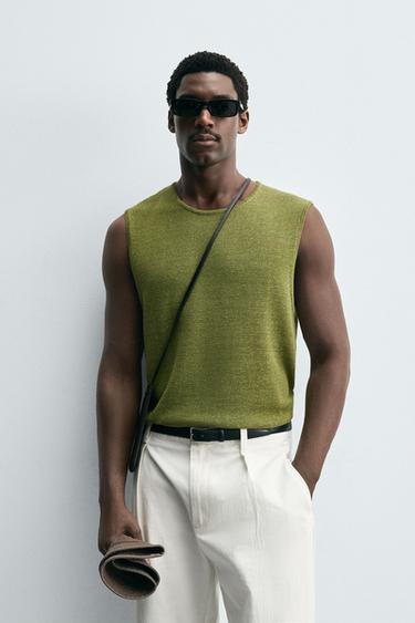LINEN BLEND KNIT VEST - Olive green by Zara