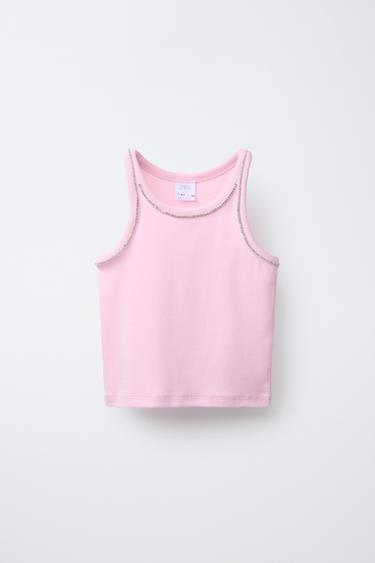 RIBBED T-SHIRT WITH JEWELS - Pink by Zara
