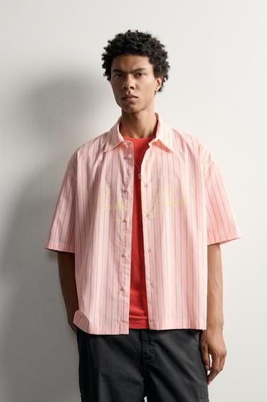 RELAXED FIT STRIPED SLOGAN SHIRT - Salmon by Zara