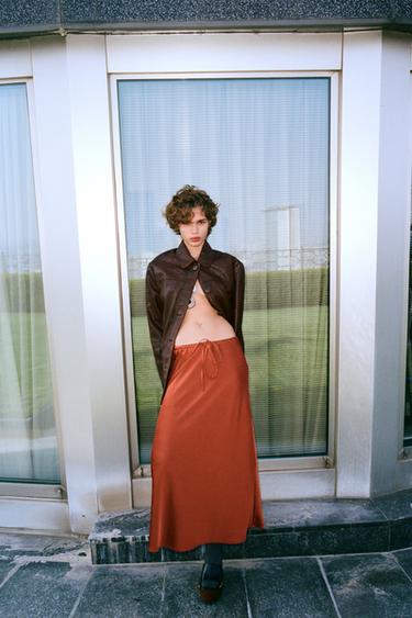 SATIN MIDI SKIRT - Red / Orange by Zara