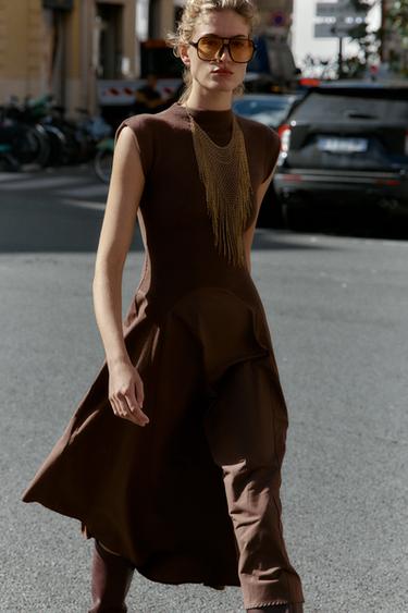 SOFT FABRIC DRESS WITH CONTRAST DESIGN - Dark brown by Zara