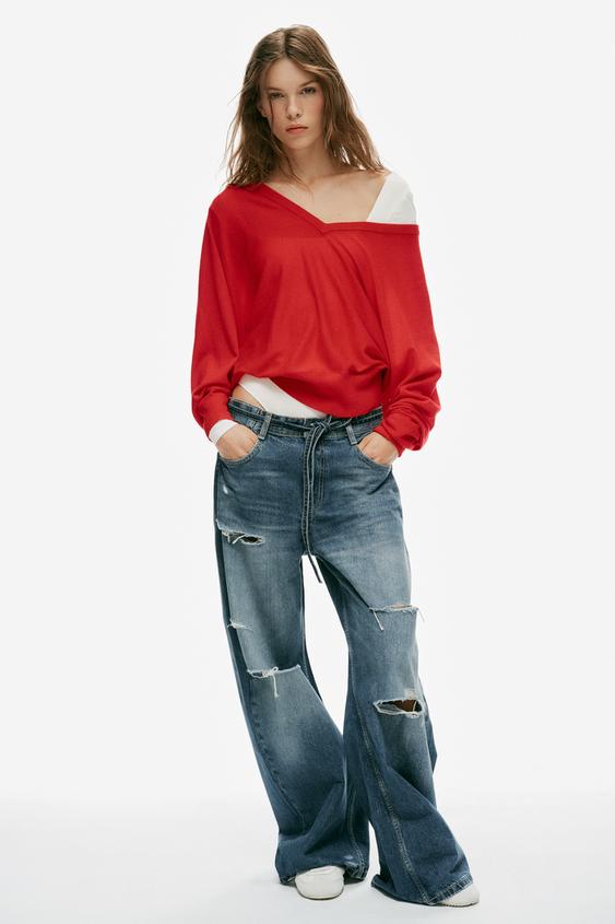 TRF MID-WAIST RIPPED BAGGY JEANS WITH BELT - Navy blue by Zara - Image 0