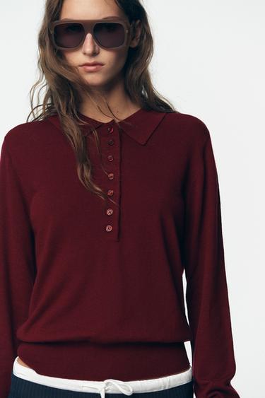PLAIN KNIT POLO SHIRT - Burgundy by Zara
