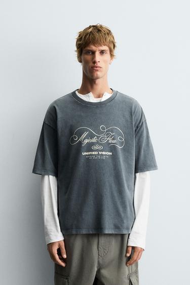 WASHED SLOGAN PRINT T-SHIRT - Light grey by Zara