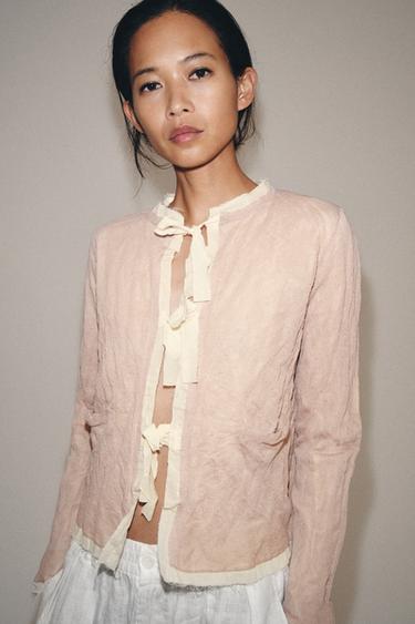 CONTRAST KNIT JACKET WITH BOWS - Pink / White by Zara